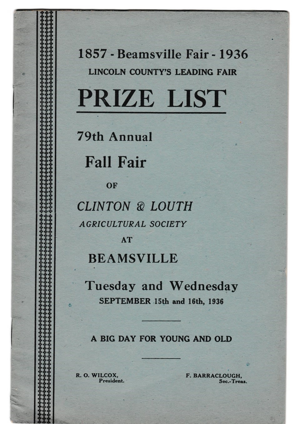 Beamsville Fair Prize List 1936